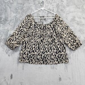 Kaileigh Top Womens L Black Animal Print Chiffon 3/4 Sleeve Boho Peasant Blouse